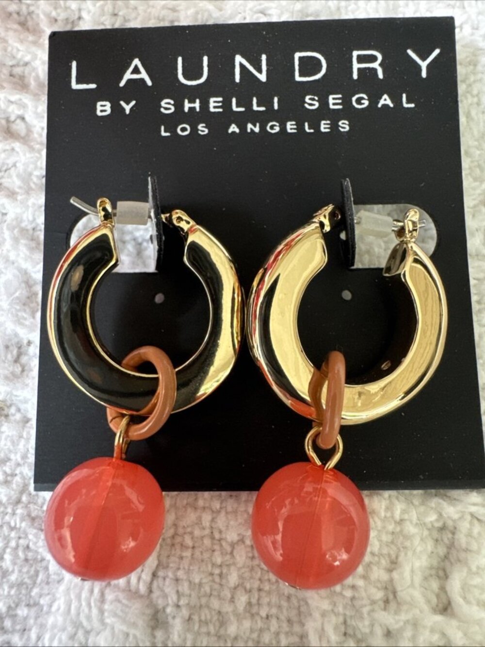 Laundry Shelli Segal Earrings Dangle Hoop Orange Bead Gold Tone 1.5" NEW